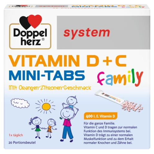 Abbildung der Produktverpackung Doppelherz system VITAMIN D + C MINI TABS family Frontansicht